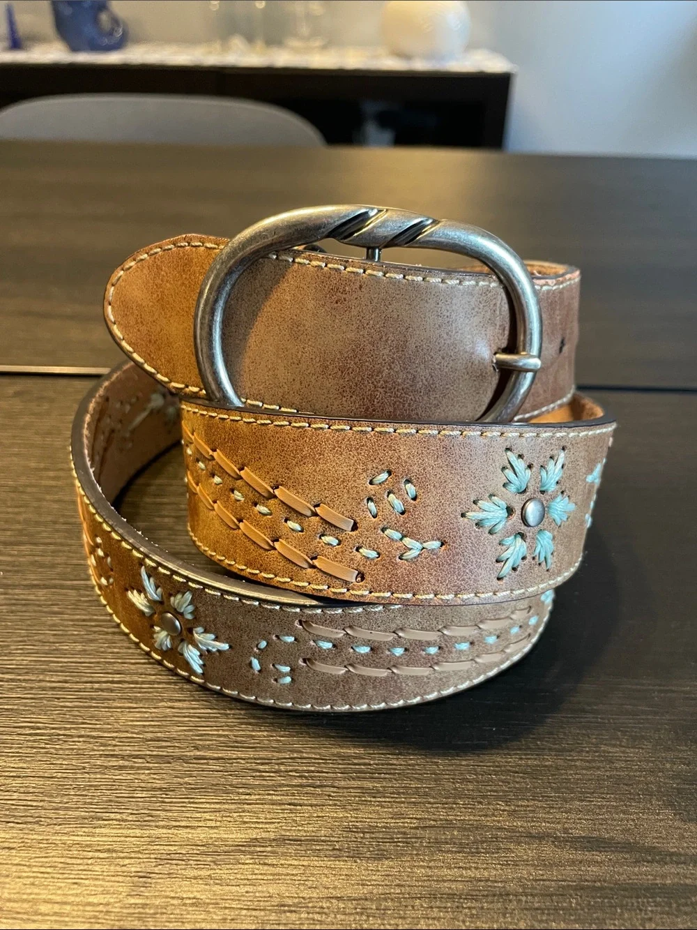 Embroidered Suede Brown Belt with Turquoise Accents